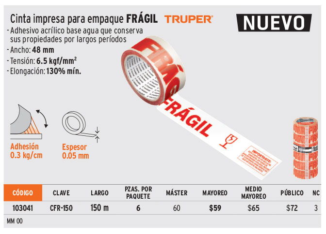 103041 FR-150 Cinta de empaque 48 mm x 150 m 'Frágil', Truper