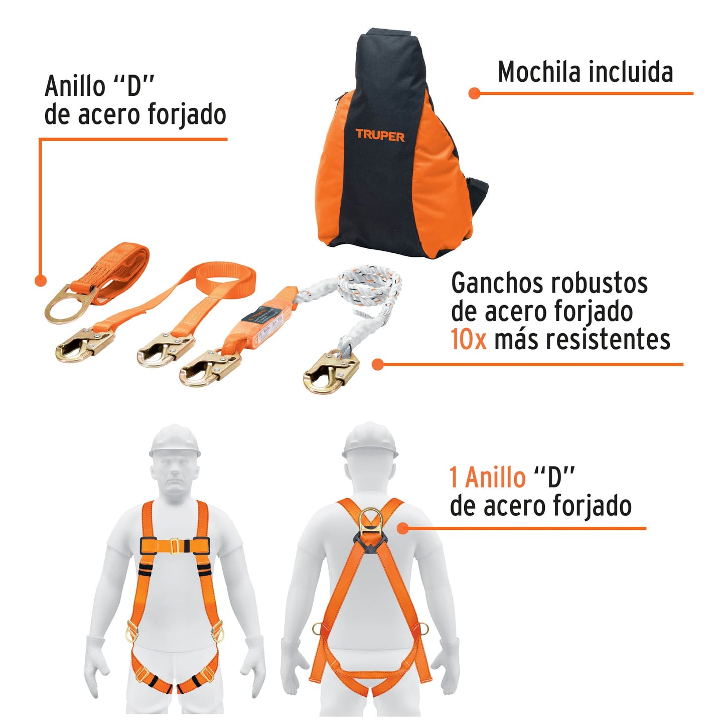 Kit contra caídas con arnés de tres anillos, ANSI, Truper