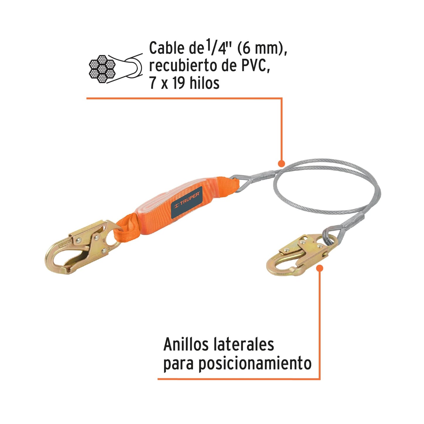 17039 Línea de vida 1.8 m cable de acero, absorbedor impacto, ANSI