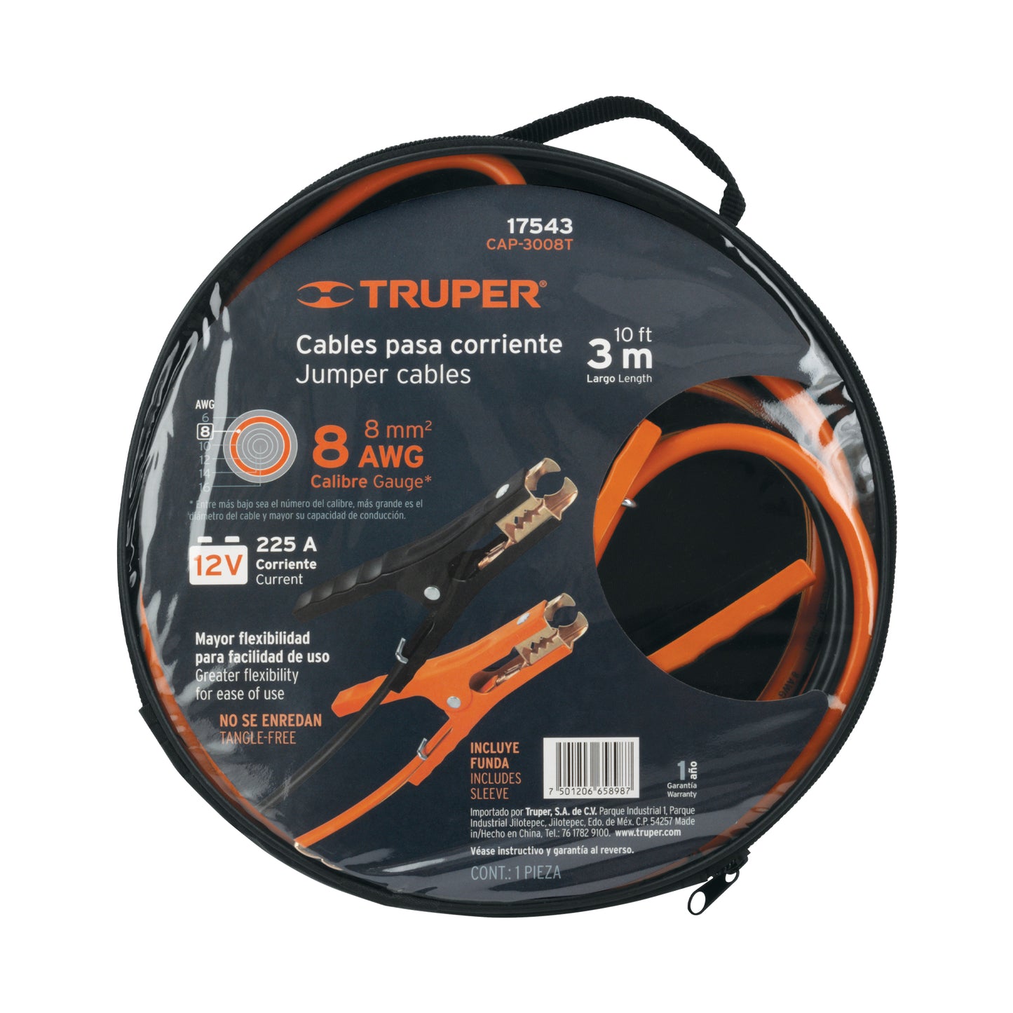 17543 CAP-3008T Cables pasa corriente 3 m, 225 A, 8 AWG, con funda, Truper