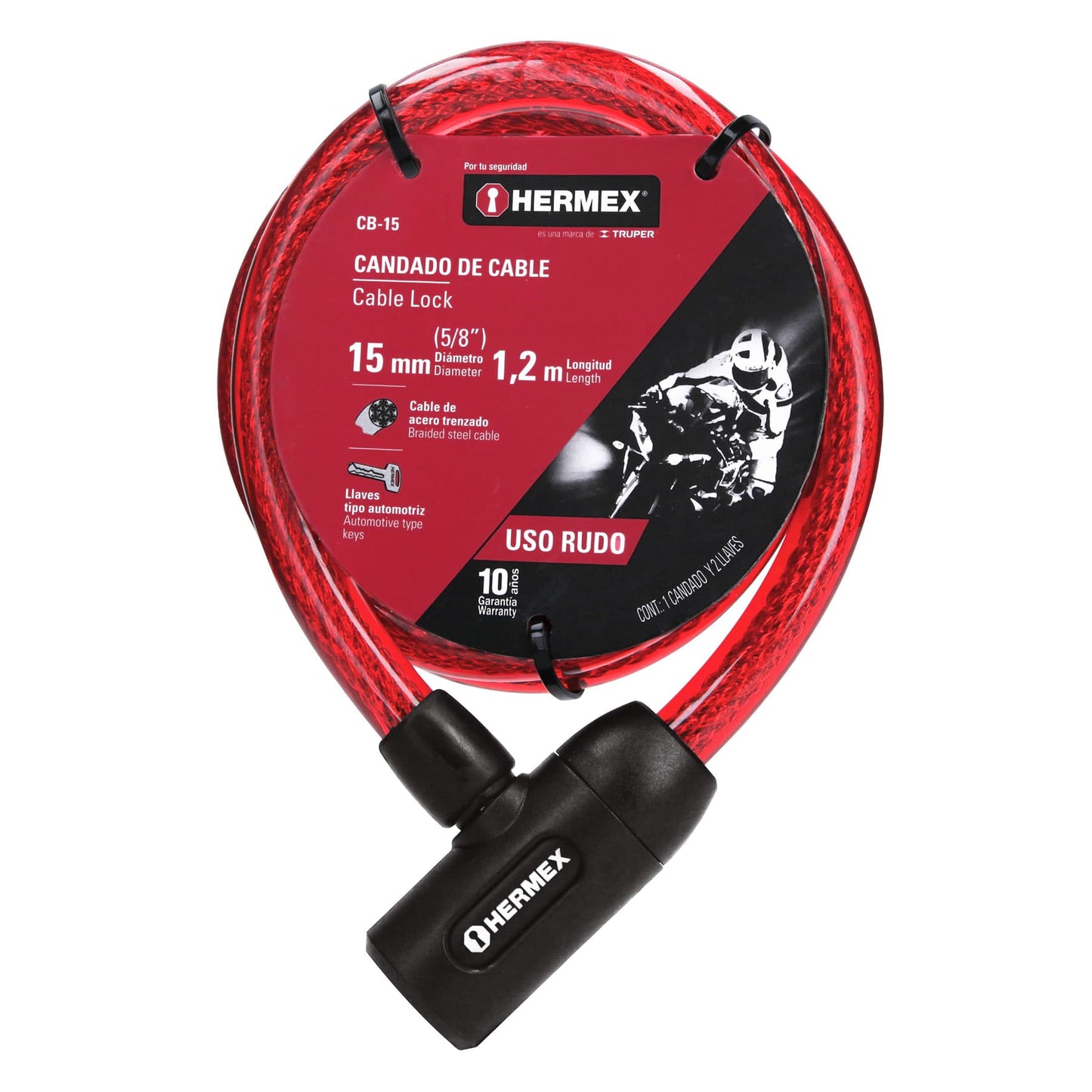 Candado de cable con llave, 15mm X 1.20 m, Hermex