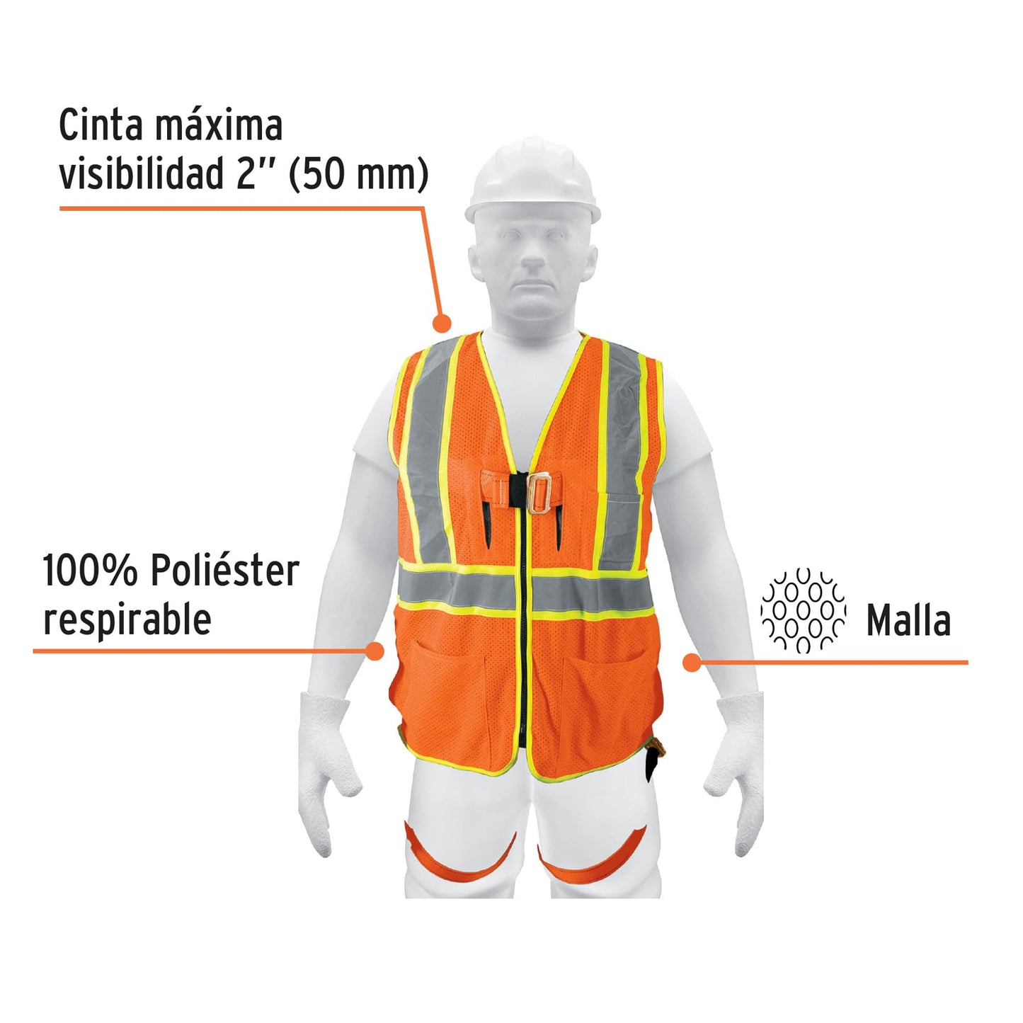 101770 chaleco de seguridad para arnés, alta visibilidad, naranja