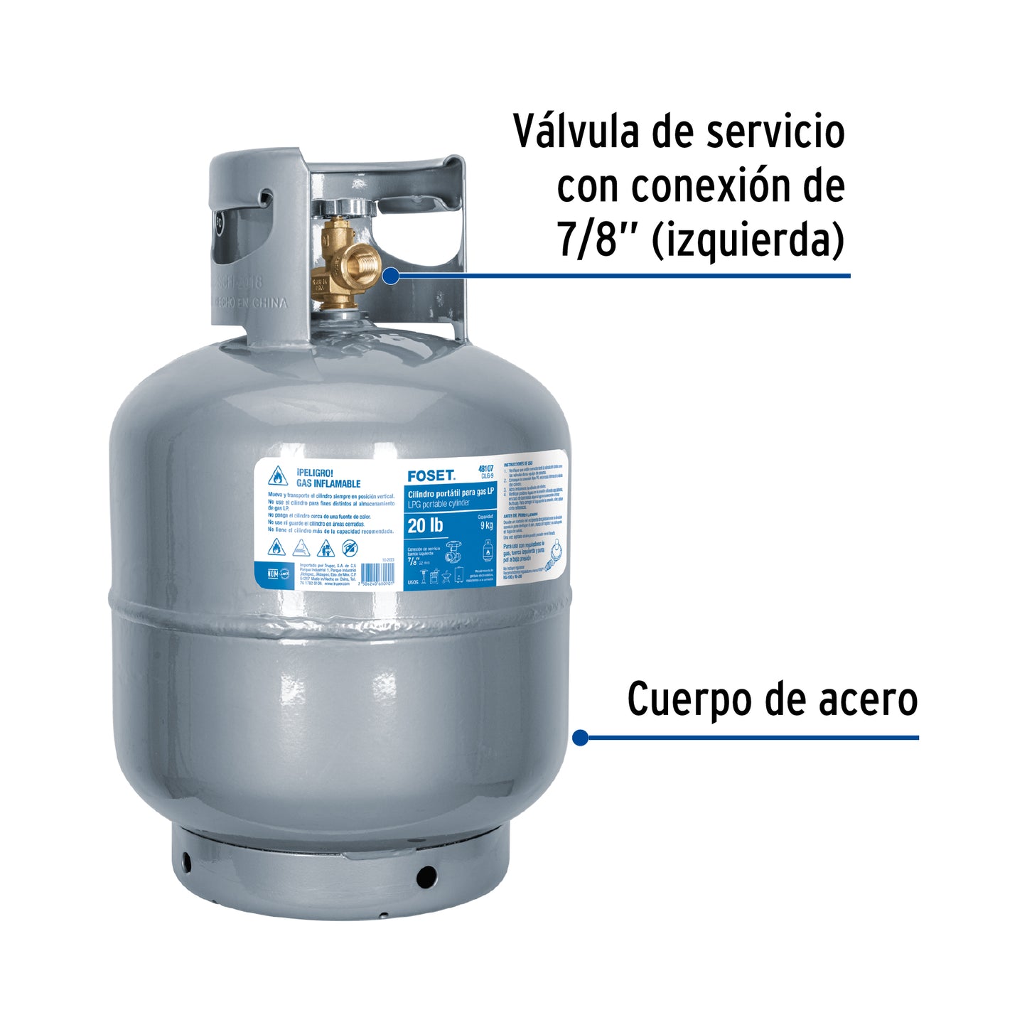 48107 Cilindro portátil para gas LP, 20lb (9kg) Foset