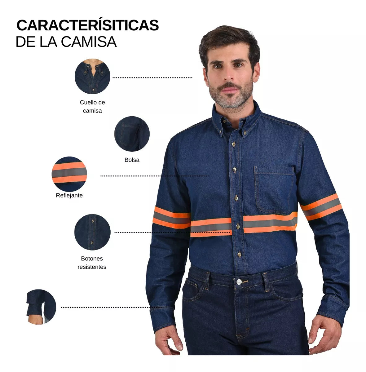 Camisa De Mezclilla Uso Rudo Trabajo Con Cinta Reflejante NARANJA