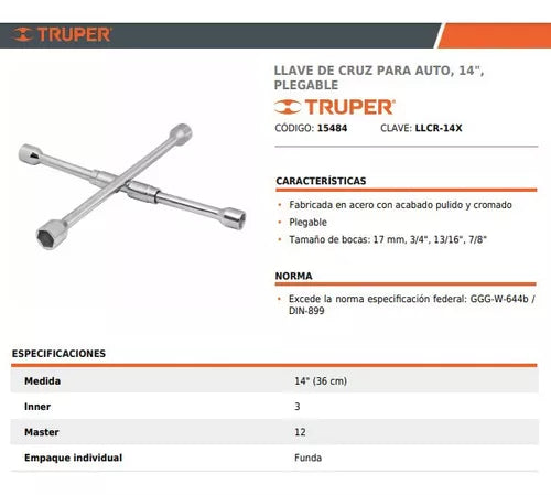 15484 LLCR-14X Llave de cruz 14" plegable pulida y cromada, Truper