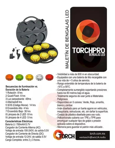 Maletín Kit 6 Bengalas Led Torch Uso Rudo Minería Destello