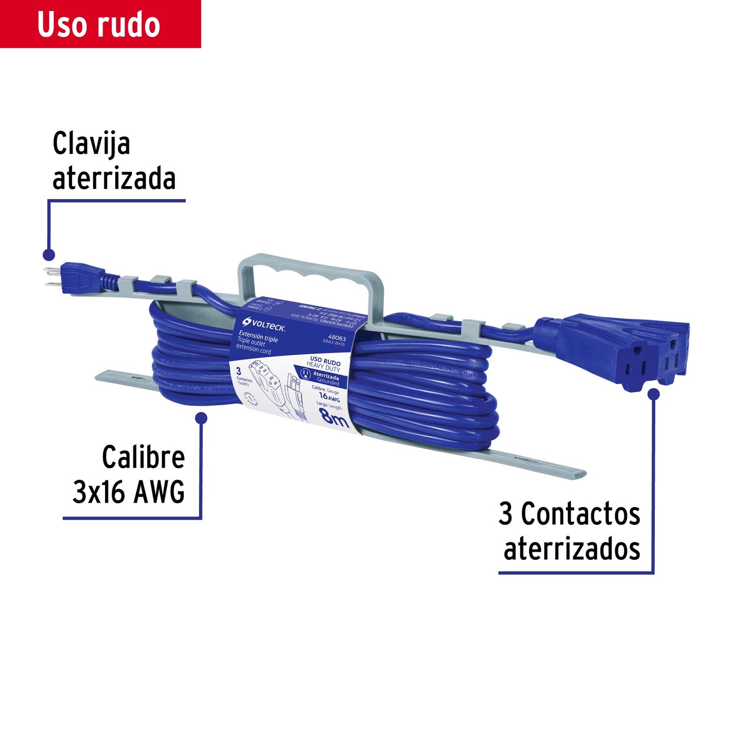 48063 ERA3-8X16 Extensión triple uso rudo 8 m tipo abanico 3x16 AWG, Volteck