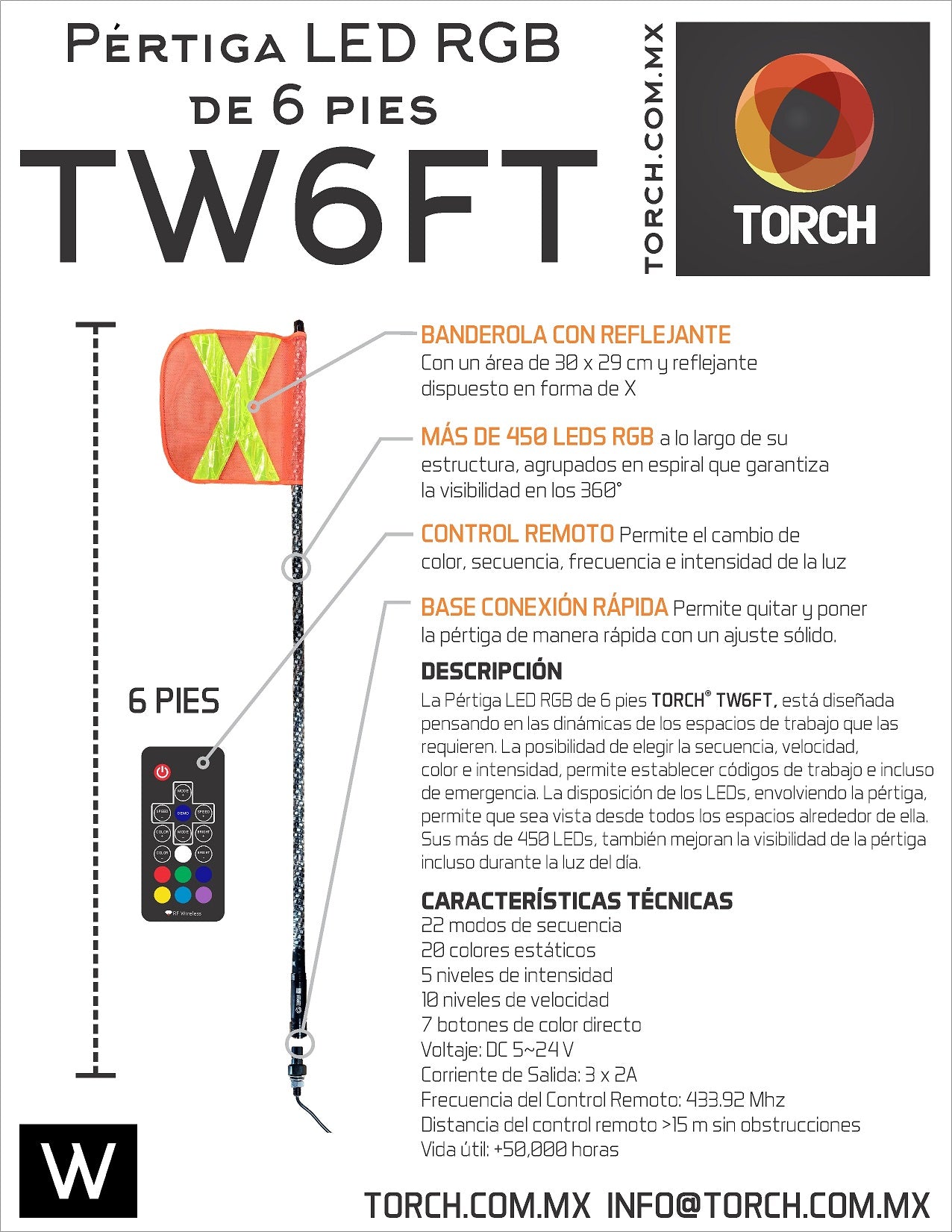 Tw6ft Pértiga Led Rgb Para Mineria Marca Torch