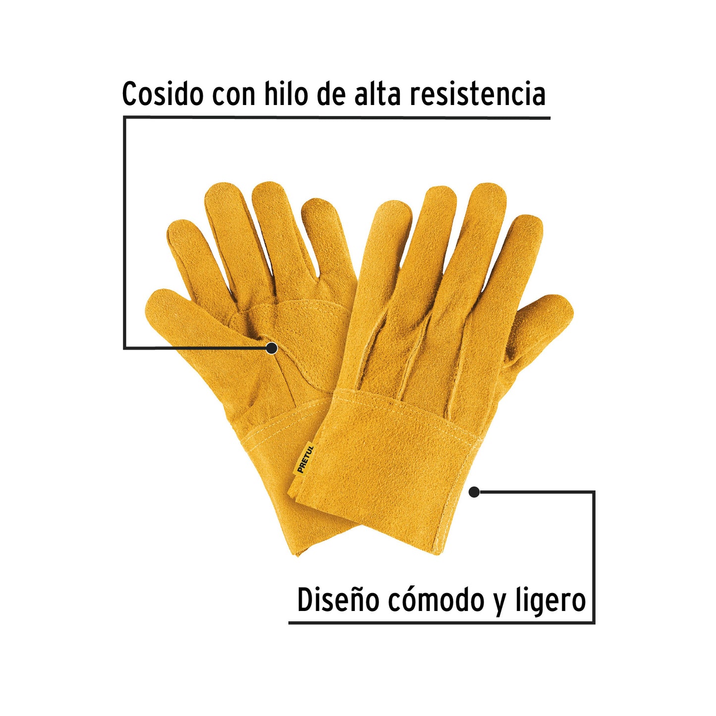 23262 GU-225 Guantes de carnaza, cortos, unitalla, PRETUL protección chispa soldador