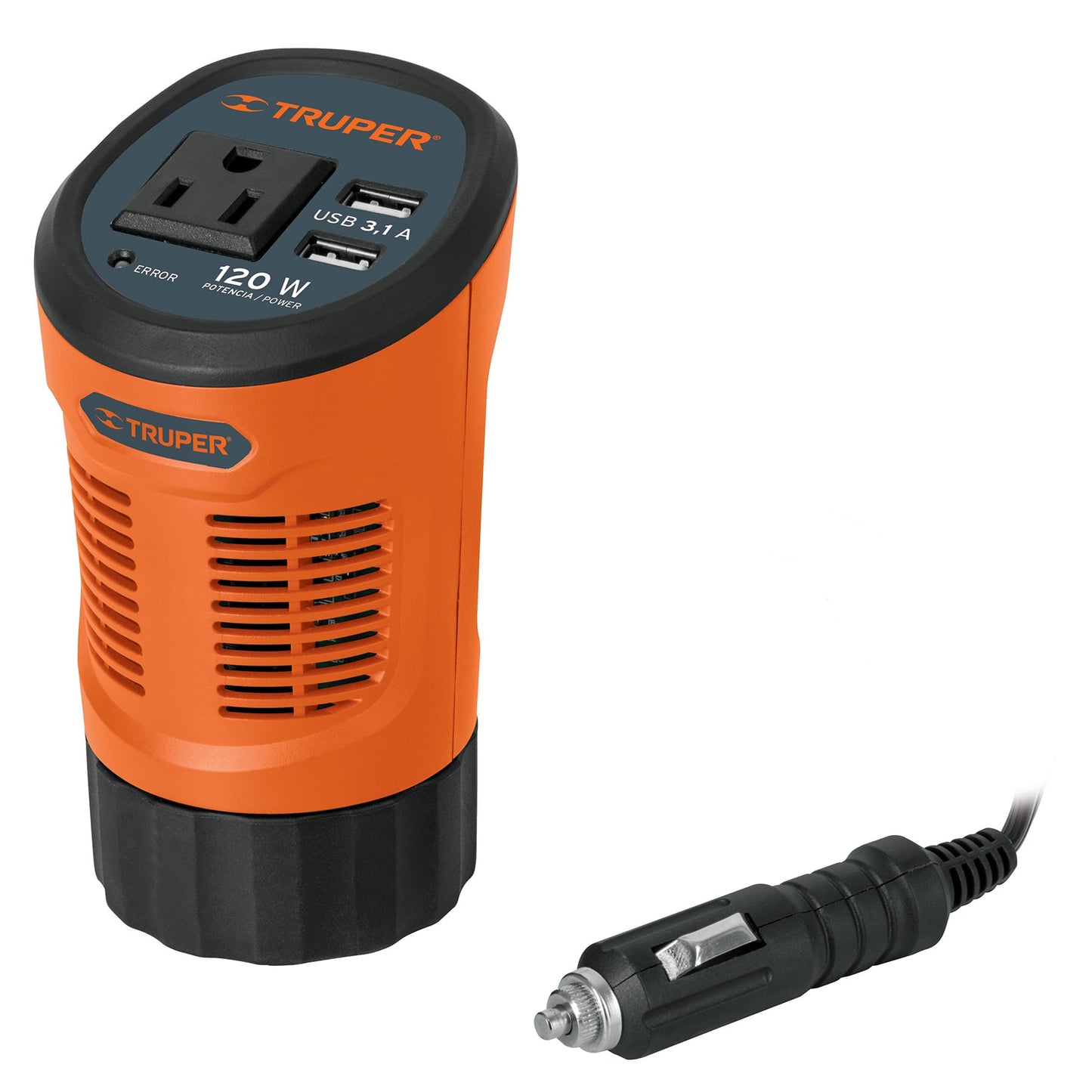 15725 INCO-120 Inversor de corriente 120 W tipo vaso, 2 puertos USB, Truper