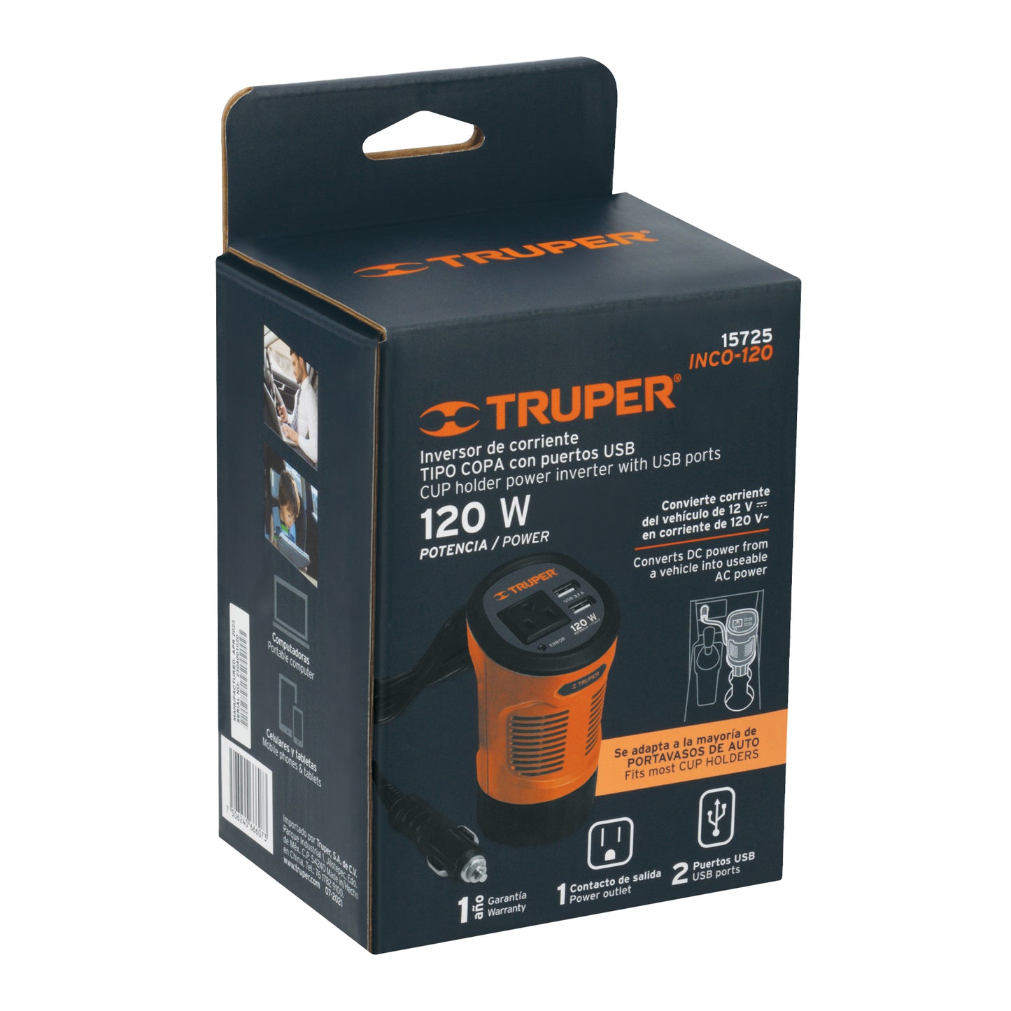 15725 INCO-120 Inversor de corriente 120 W tipo vaso, 2 puertos USB, Truper