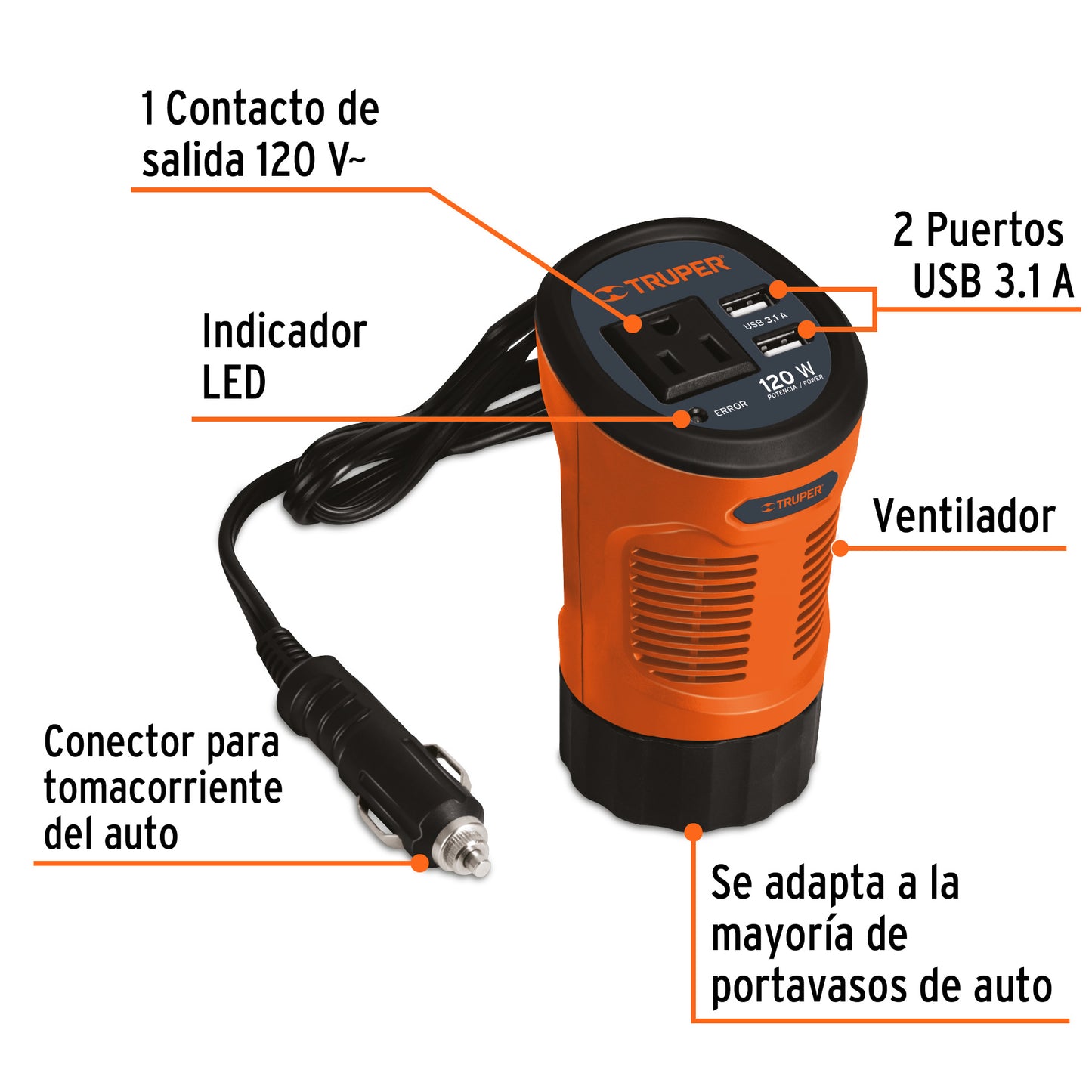 15725 INCO-120 Inversor de corriente 120 W tipo vaso, 2 puertos USB, Truper