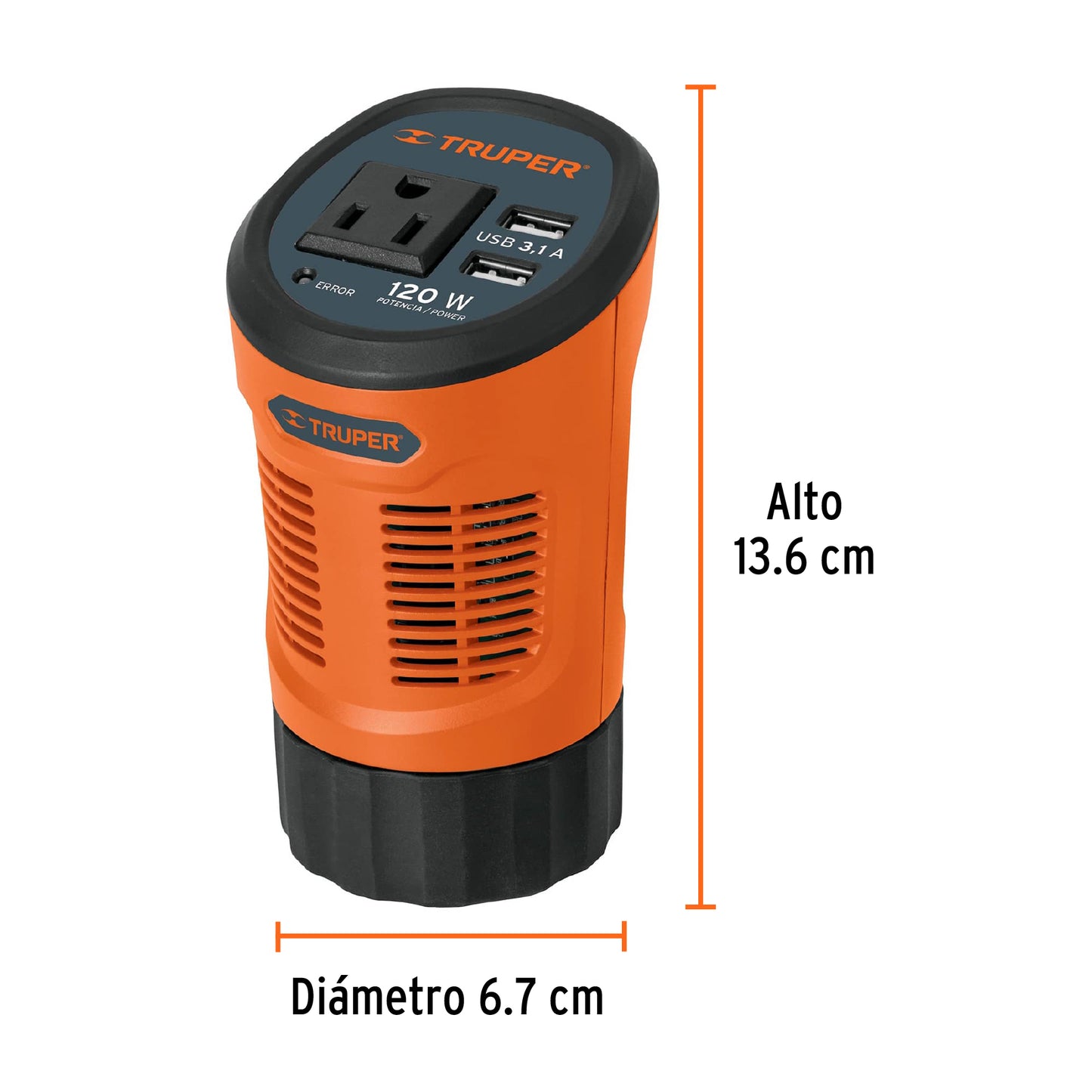 15725 INCO-120 Inversor de corriente 120 W tipo vaso, 2 puertos USB, Truper