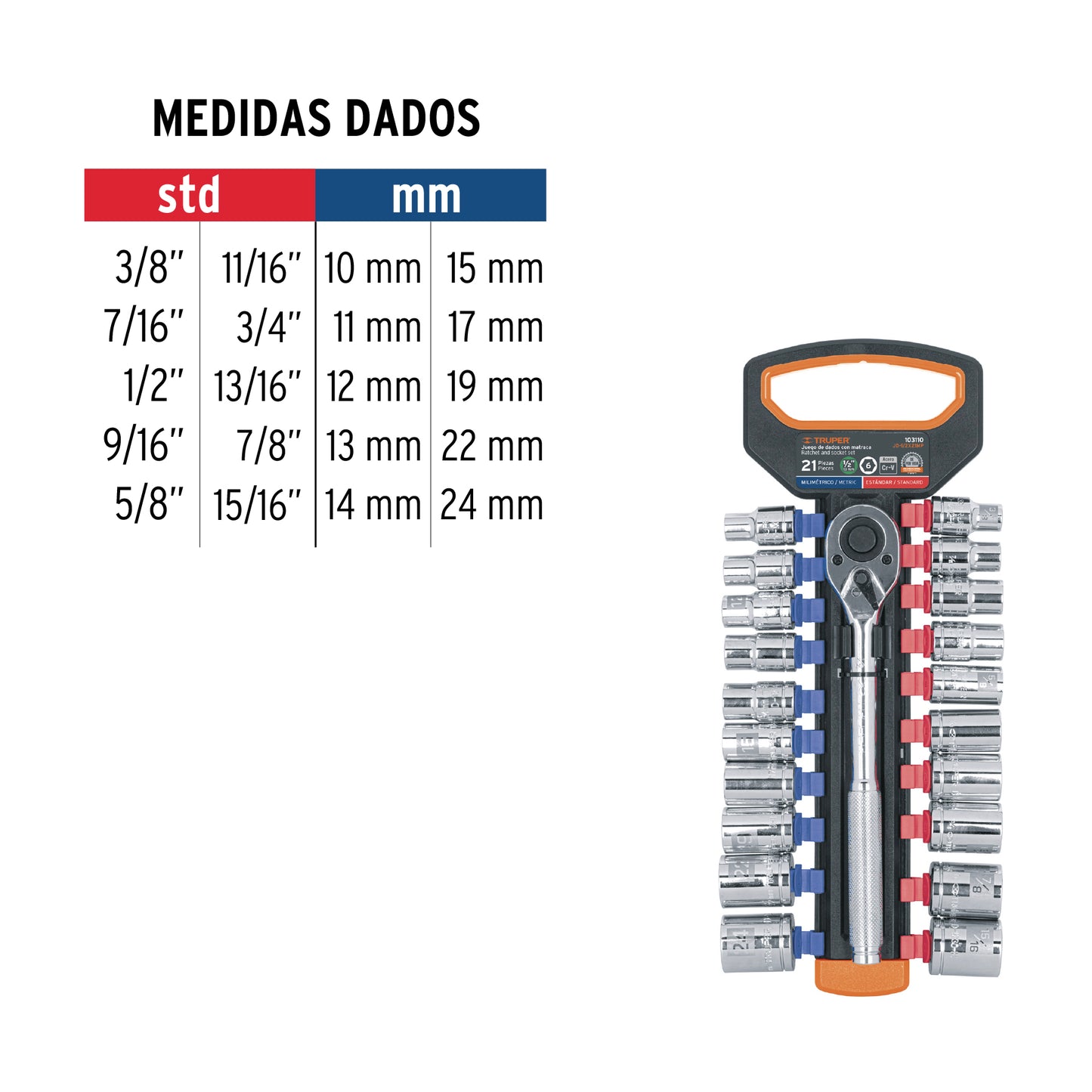 Juego de dados mm y std con matraca, cuadro Truper