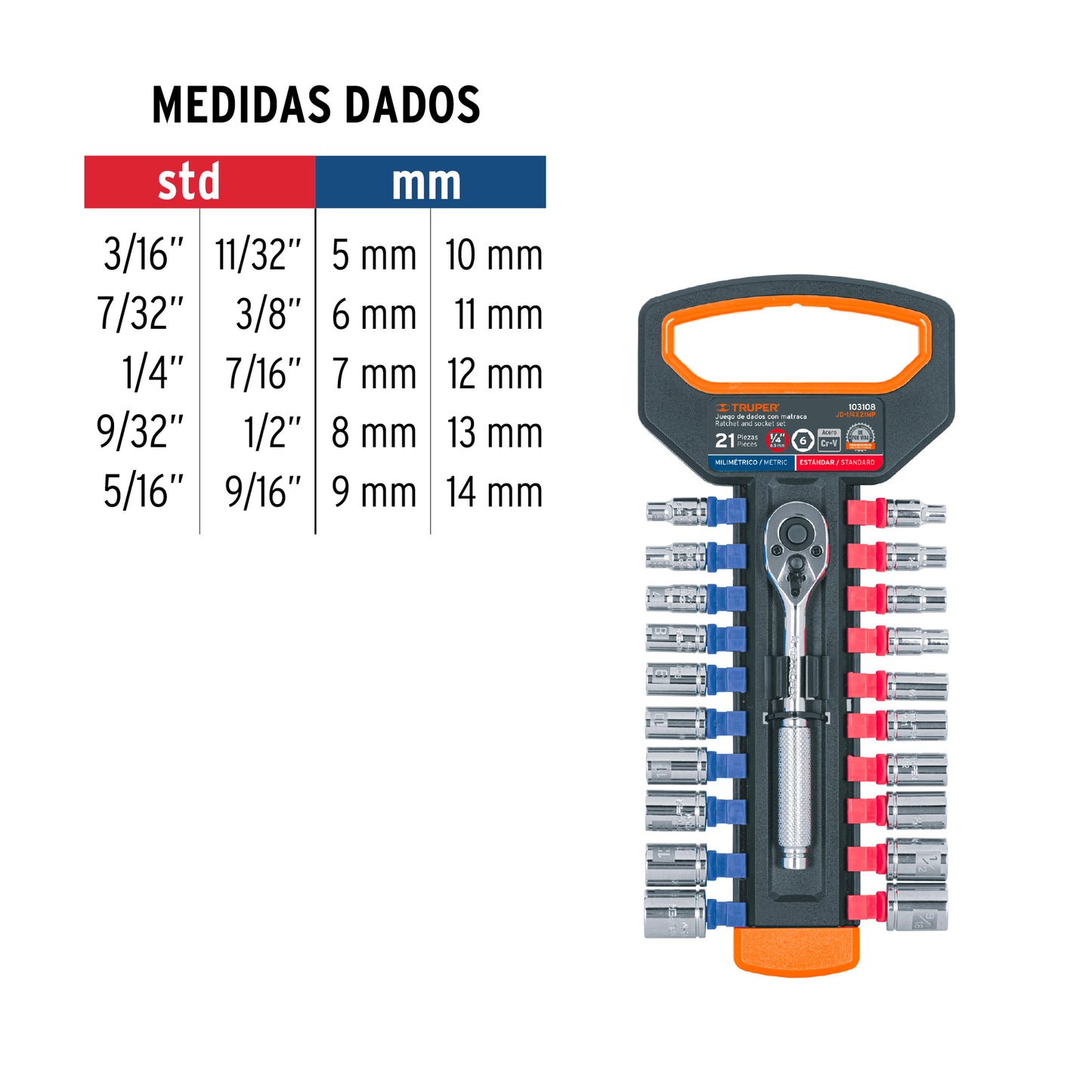 Juego de dados mm y std con matraca, cuadro Truper