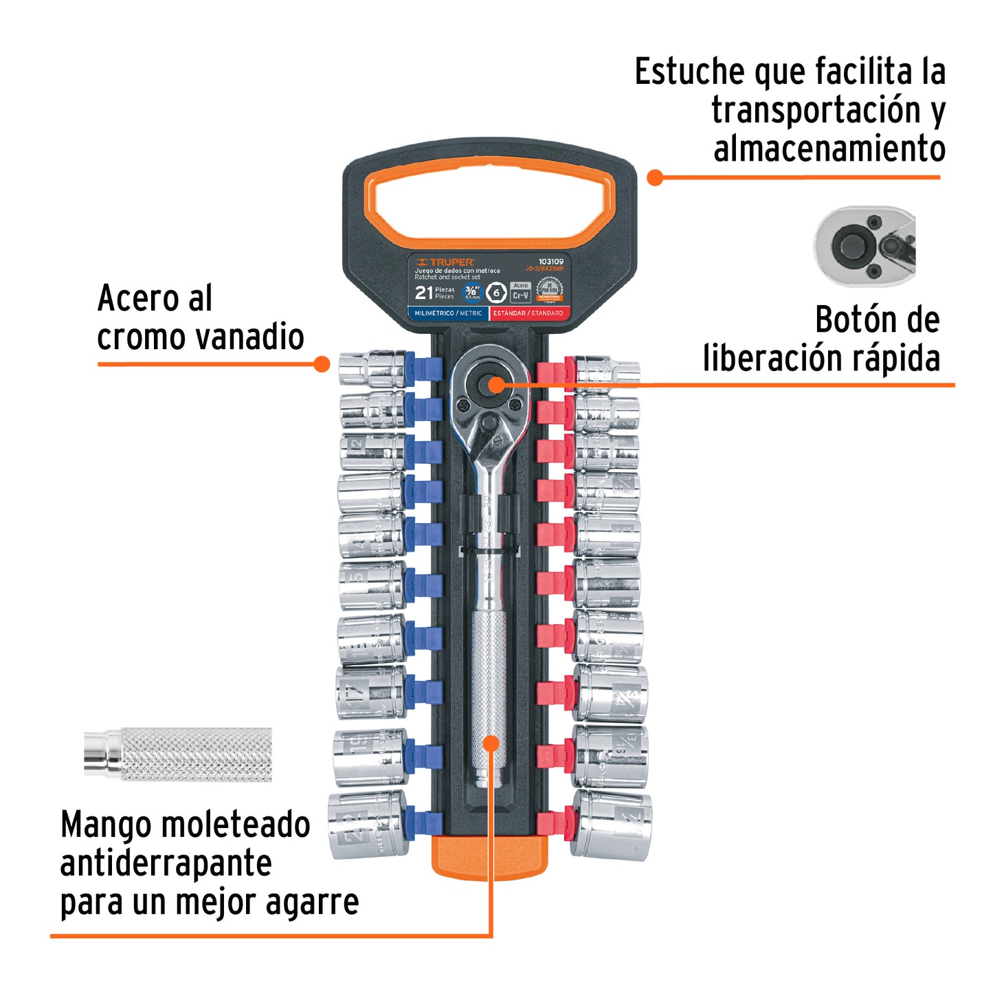 Juego de dados mm y std con matraca, cuadro Truper