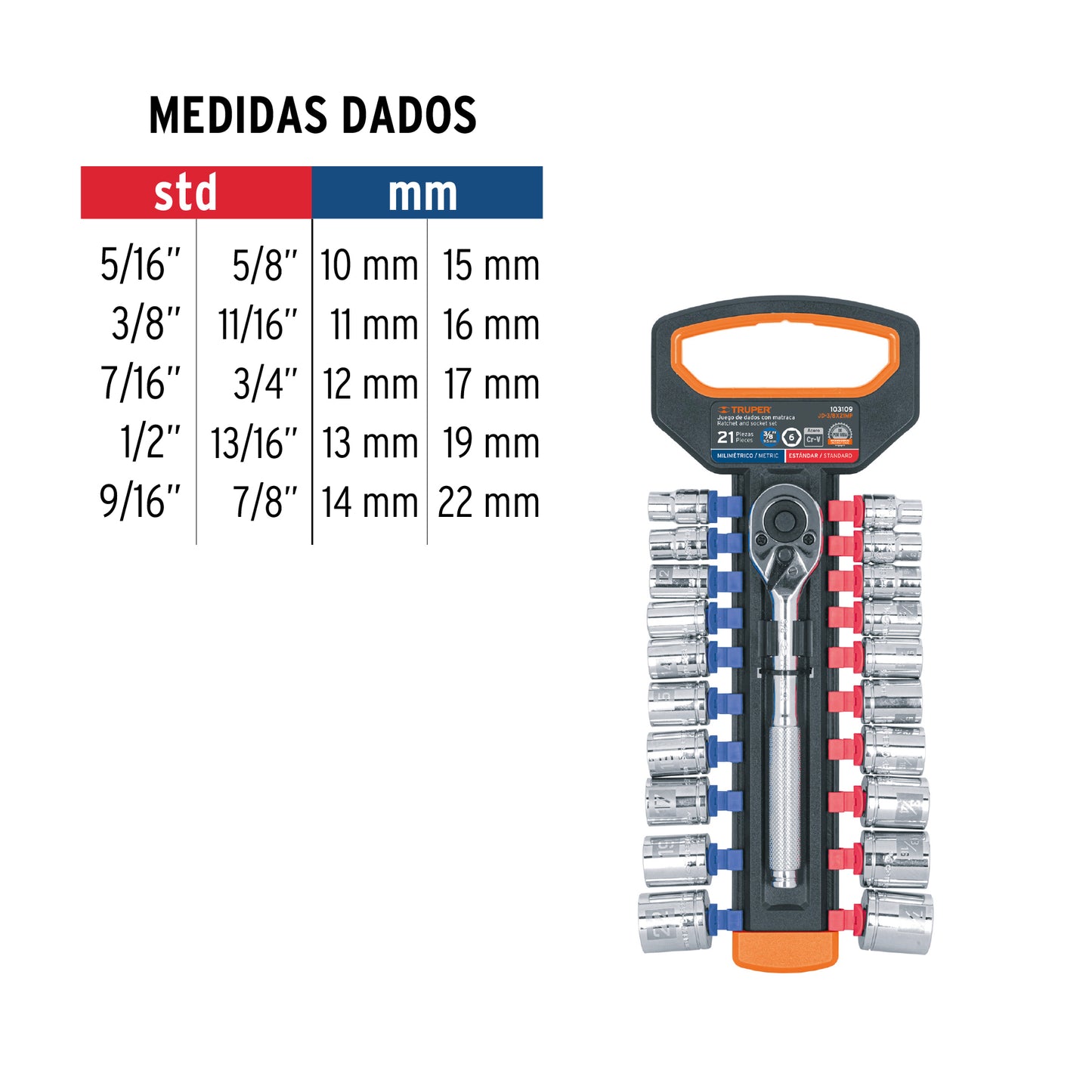 Juego de dados mm y std con matraca, cuadro Truper