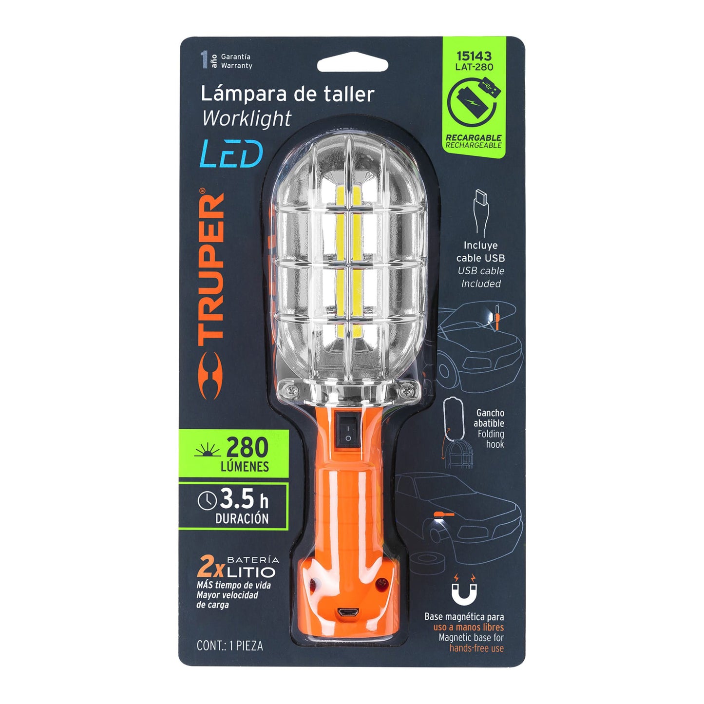 15143 LAT-280 Lámpara LED 280 lm de taller, recargable, Truper