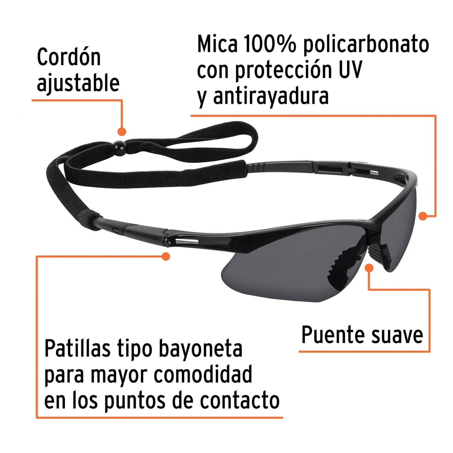 Lentes seguridad grises antiempaño c/cordón ajustable, Sport