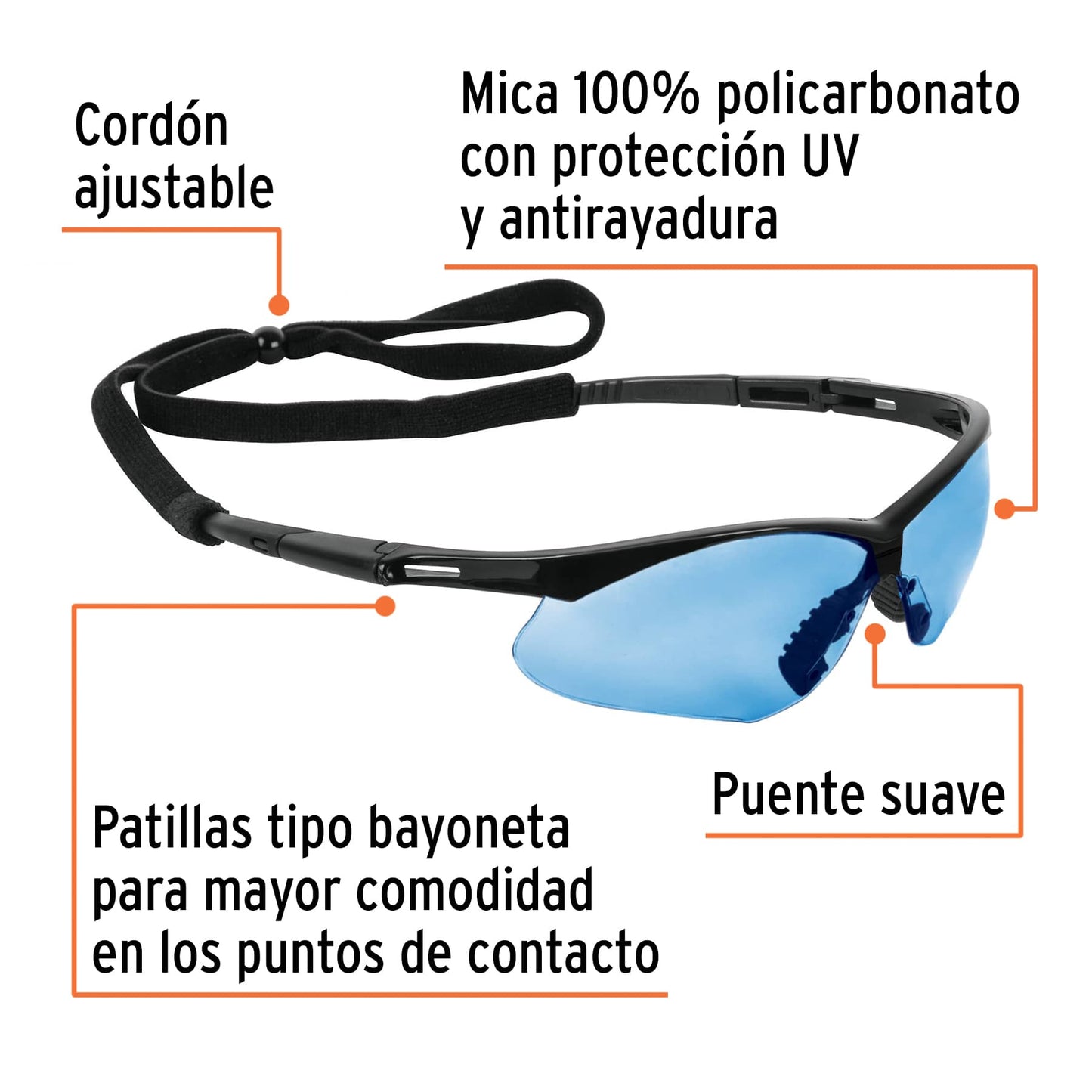 Lentes seguridad azul antiempaño c/cordón ajustable, Sport