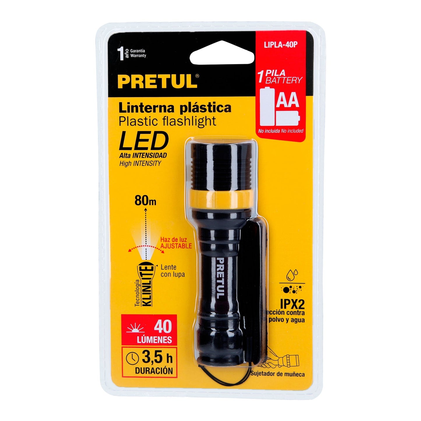 28019  LIPLA-40P Linterna plástica 1 LED 40 lm de 1 pila AA, Pretul