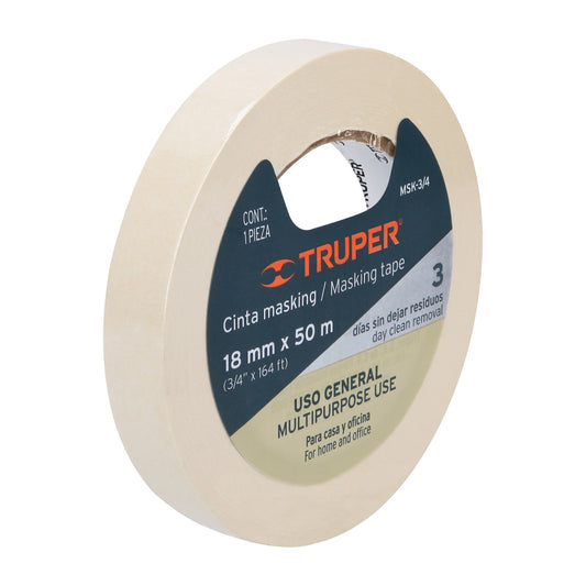 Cinta masking tape de 3/4" x 50 m, Truper 12590 - MSK-3/4 - 18 mm Adhesivo de caucho natural