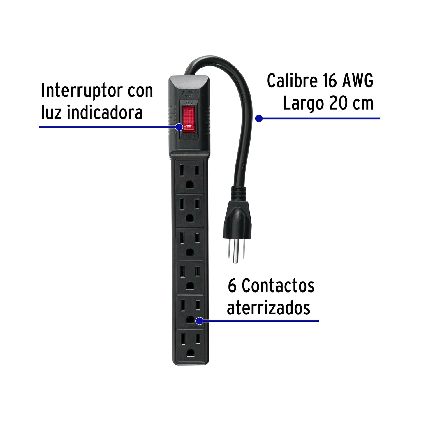 Multicontacto 16 AWG doméstico económico 6 entradas, negro