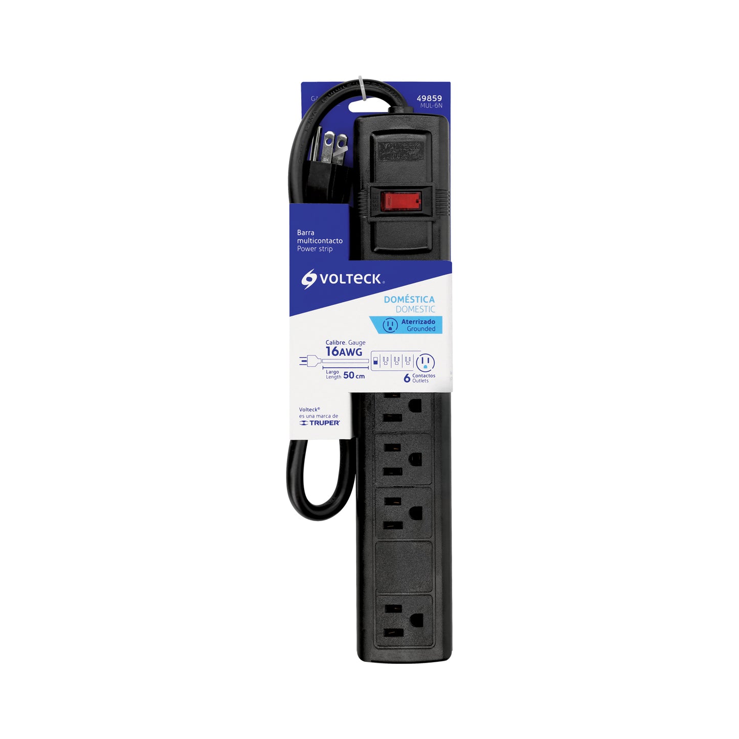 Multicontacto 16 AWG doméstico con 6 entradas, negro Volteck