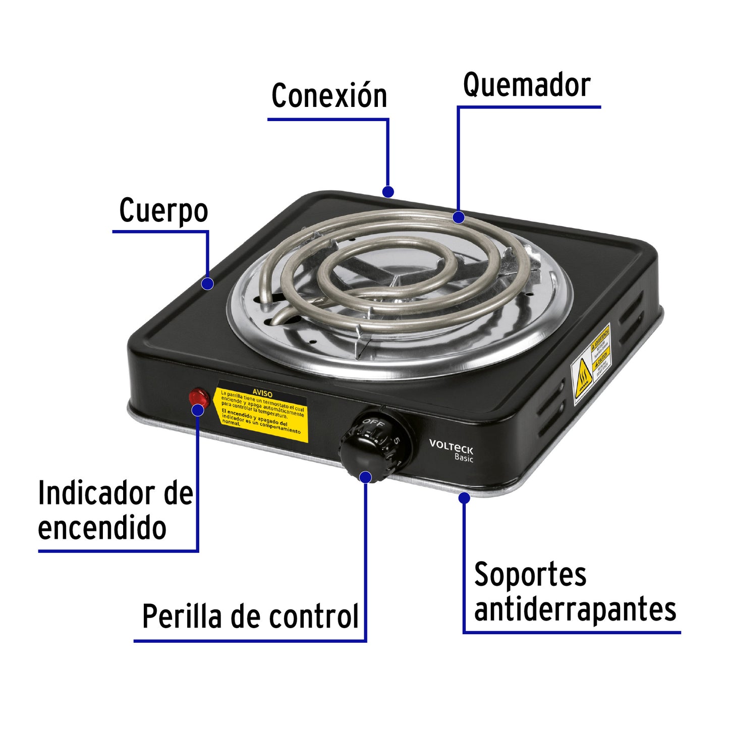 26093 Parrilla eléctrica 1 quemador en espiral, negra, BASIC