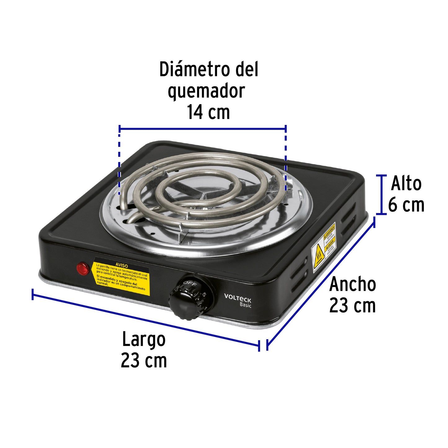 26093 Parrilla eléctrica 1 quemador en espiral, negra, BASIC