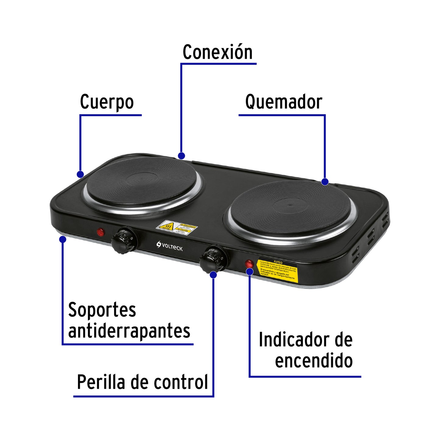 47553 Parrilla eléctrica 2 quemadores de disco, negra, VOLTECK