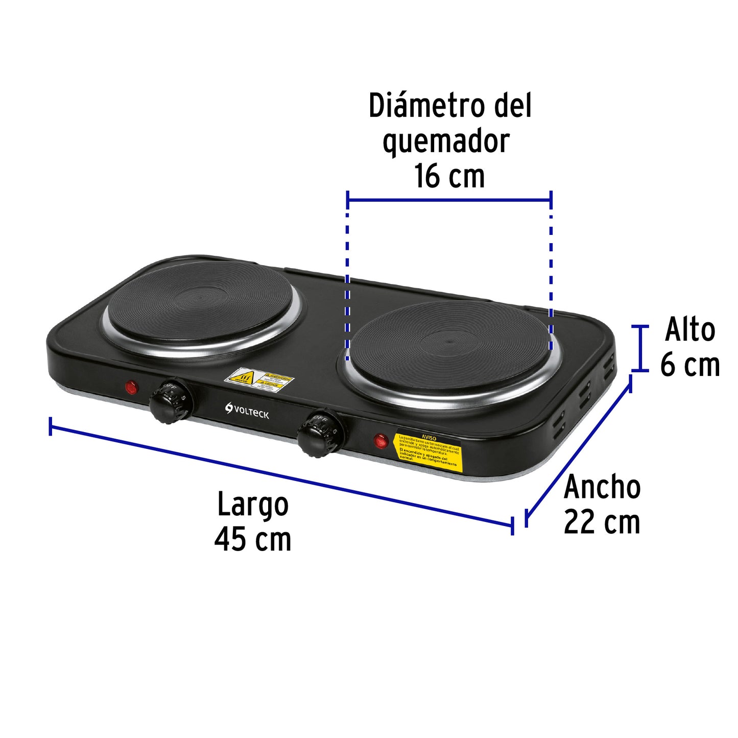 47553 Parrilla eléctrica 2 quemadores de disco, negra, VOLTECK