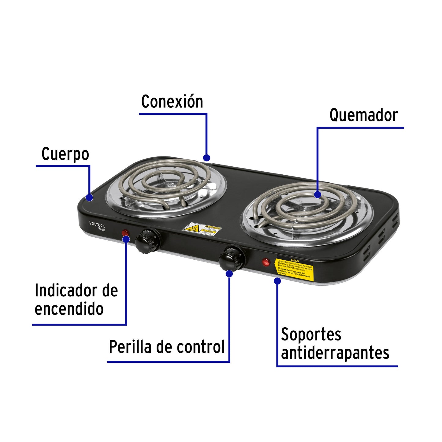 26092 Parrilla eléctrica 2 quemadores en espiral, negra, BASIC