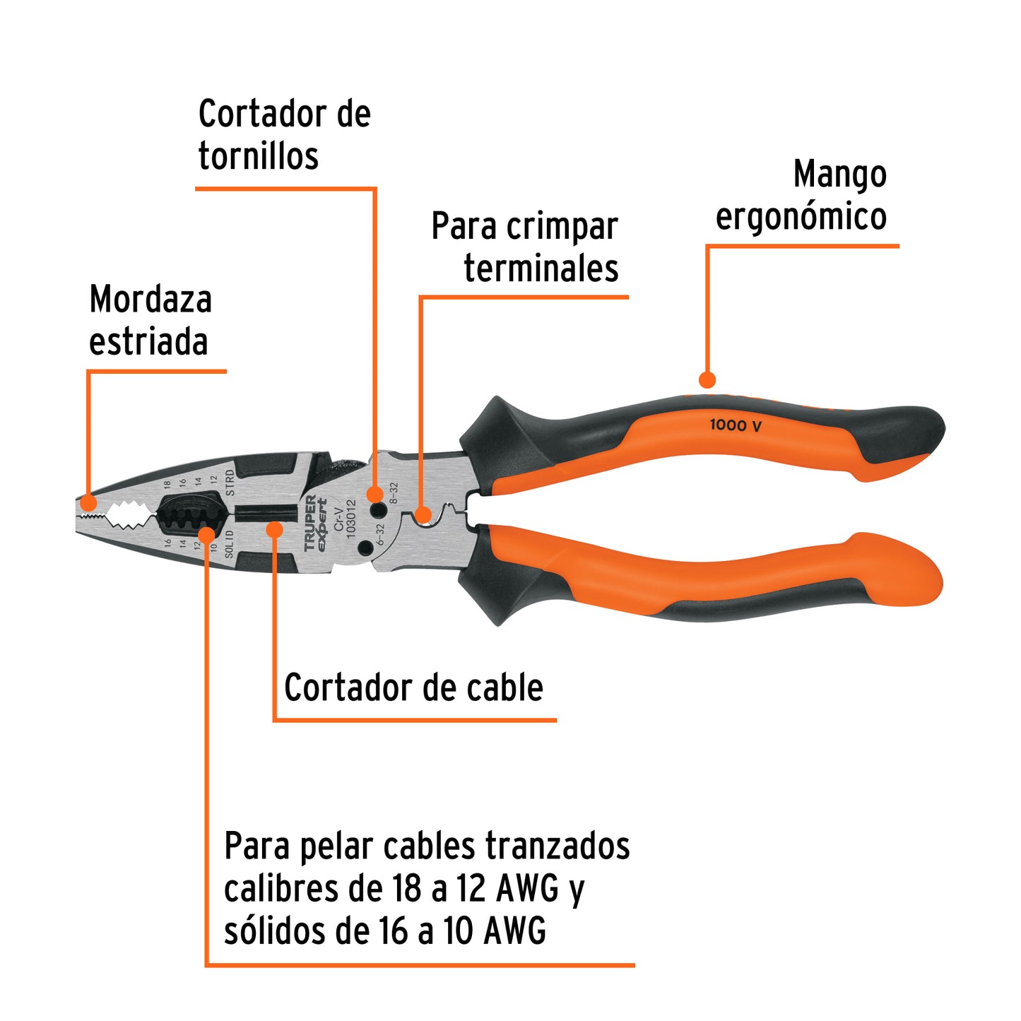 Pinza multiuso 8" electricista, comfort grip, Truper Expert