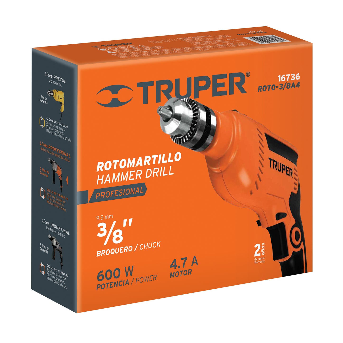 16736 ROTO-3/8A4 Rotomartillo 3/8" 600 W, profesional, Truper