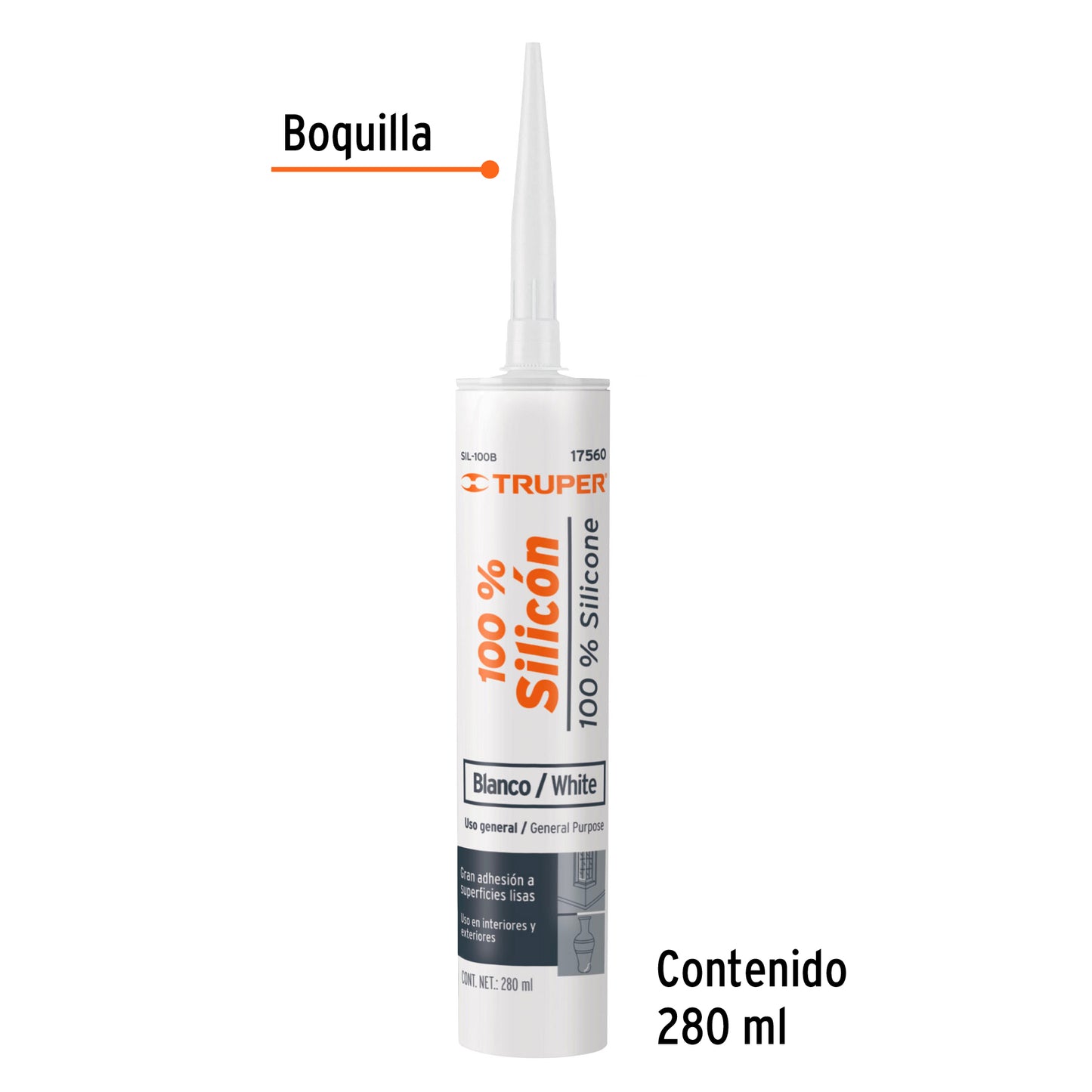 17560 Sellador blanco 100% silicón de 280 ml, Truper