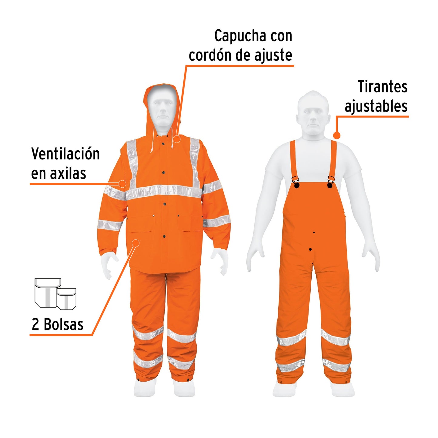 1740 Conjunto impermeable doble capa naranja con reflejante